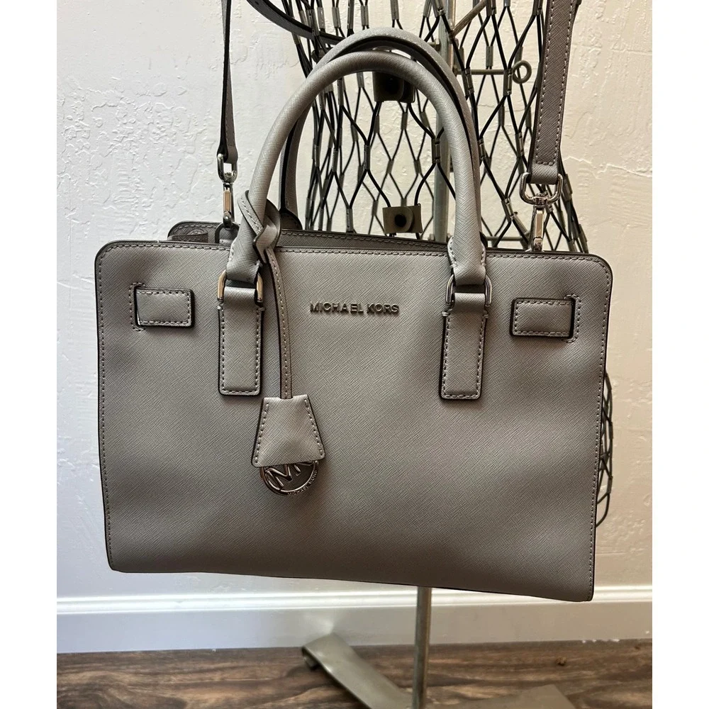 Michael Kors Dillon Grey Saffiano Leather Satchel Crossbody Handbag Silver HW